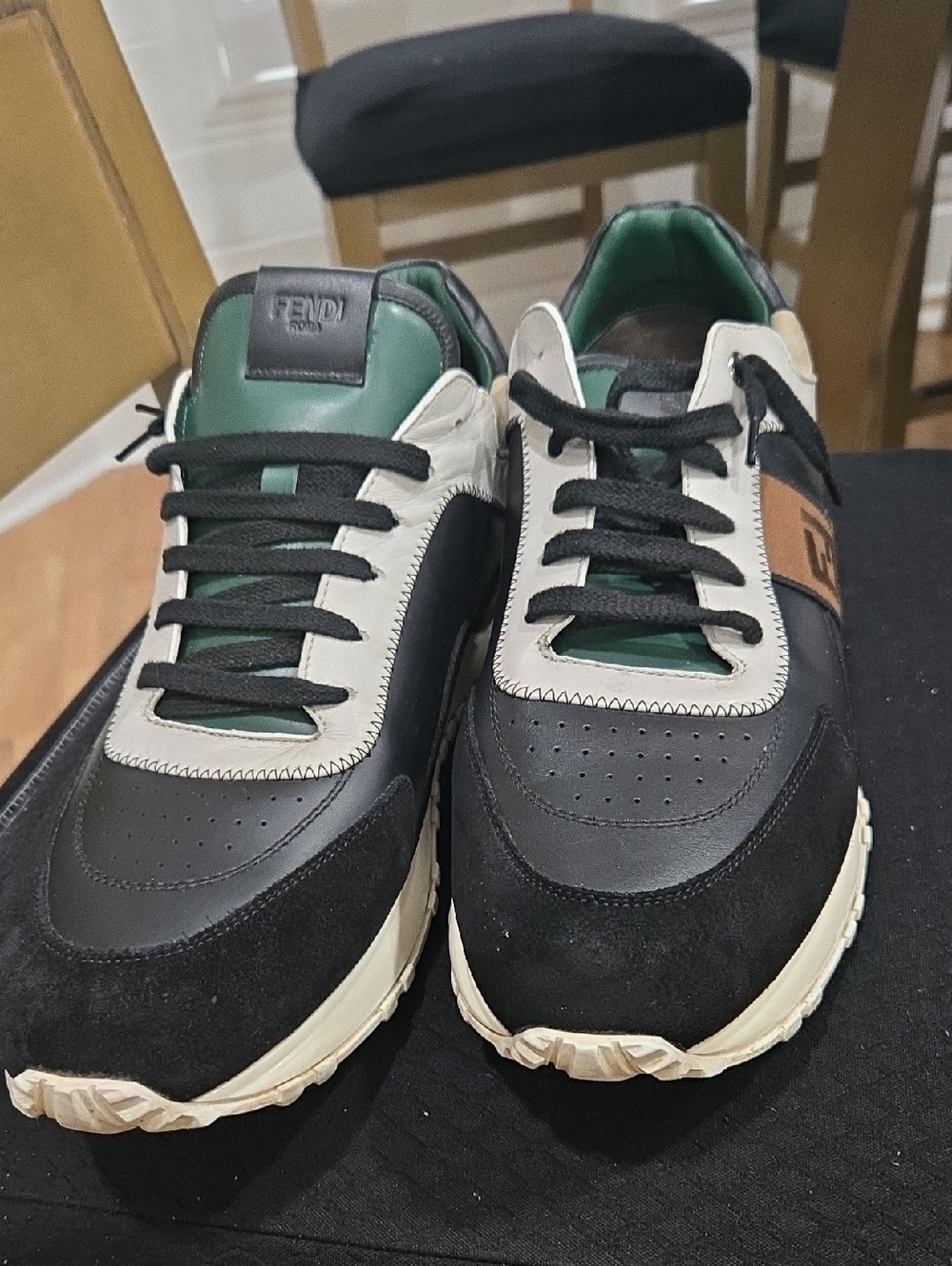 Fendi Black, Cream & Green Men’s Leather Suede Sneakers